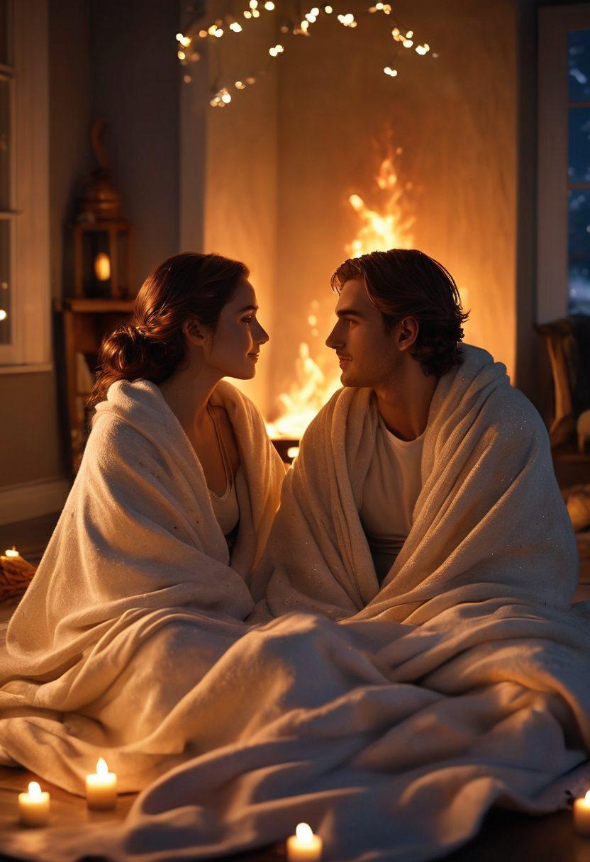 A warm, romantic scene depicting a couple sitting by a crackling fire, illuminated by soft, glowing flames. Surround them with twinkling fairy lights and cozy blankets, while their expressions show deep connection and intimacy. Include a starry night sky above, enhancing the feeling of closeness and passion. Add subtle flames and heart motifs in the background to symbolize love. super-realistic. vibrant colors. warm tones.