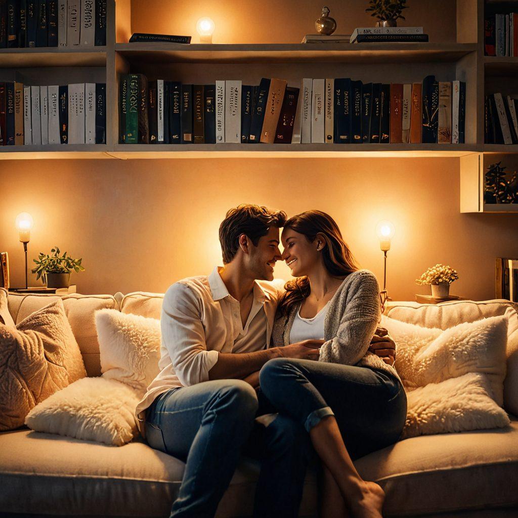 A couple sitting closely on a cozy couch, sharing a romantic moment as they gaze into each other's eyes, surrounded by soft pillows and warm lighting. Subtle touches of intimacy, like holding hands and gentle smiles, create a sense of connection and love. A bookshelf filled with relationship books in the background hints at their journey together. super-realistic. warm tones. cozy atmosphere.