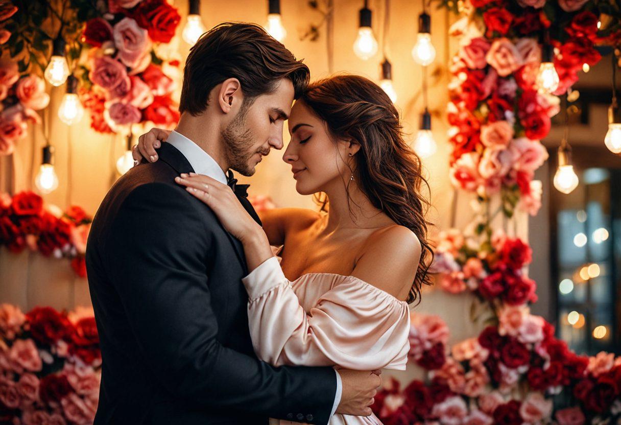 A romantic scene depicting a couple sharing a passionate embrace under soft, warm lighting, surrounded by delicate rose petals. The background features subtle hints of a cozy, modern cafe with dimmed ambiance, and soft, flowing fabrics to symbolize sensuality and connection. The couple's expressions should convey deep intimacy and connection, enhancing the theme of modern romance. super-realistic. warm colors. soft focus.